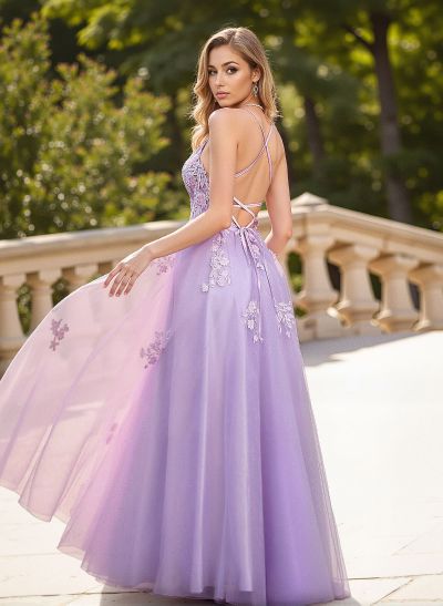 Dreamy Lace V-Neck Illusion Corset A-Line Floor-Length Tulle Prom Dresses