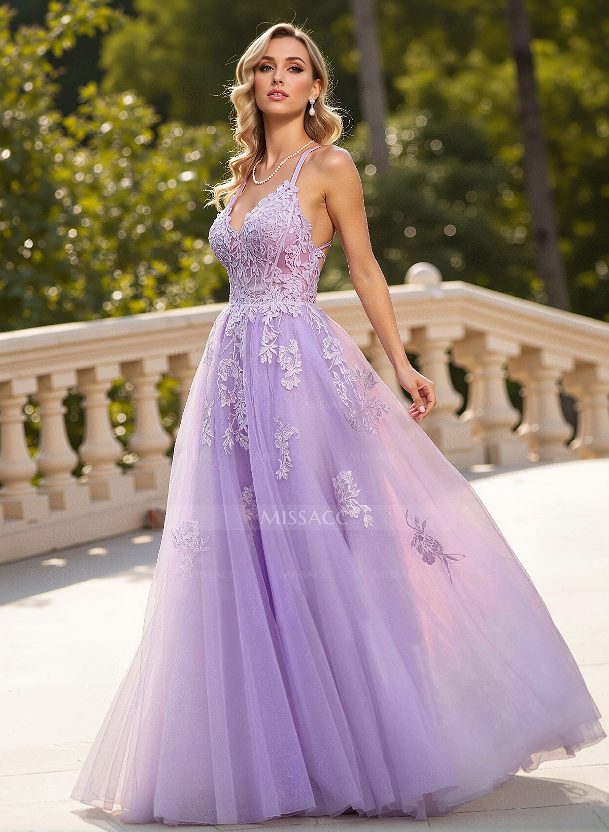 Dreamy Lace V-Neck Illusion Corset A-Line Floor-Length Tulle Prom Dresses