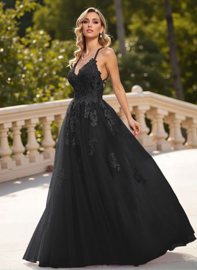 Dreamy Lace V-Neck Illusion Corset A-Line Floor-Length Tulle Prom Dresses