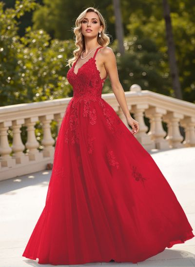 Dreamy Lace V-Neck Illusion Corset A-Line Floor-Length Tulle Prom Dresses