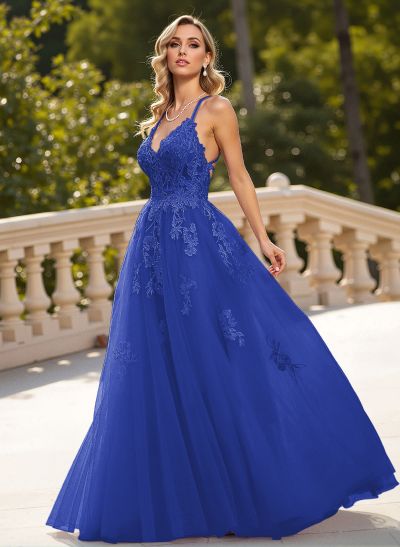 Dreamy Lace V-Neck Illusion Corset A-Line Floor-Length Tulle Prom Dresses