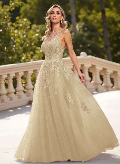Dreamy Lace V-Neck Illusion Corset A-Line Floor-Length Tulle Prom Dresses