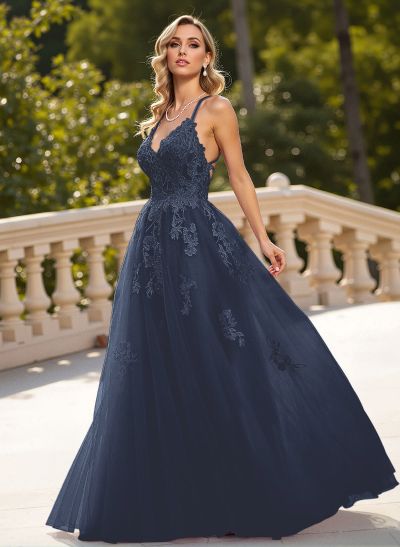Dreamy Lace V-Neck Illusion Corset A-Line Floor-Length Tulle Prom Dresses