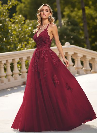 Dreamy Lace V-Neck Illusion Corset A-Line Floor-Length Tulle Prom Dresses
