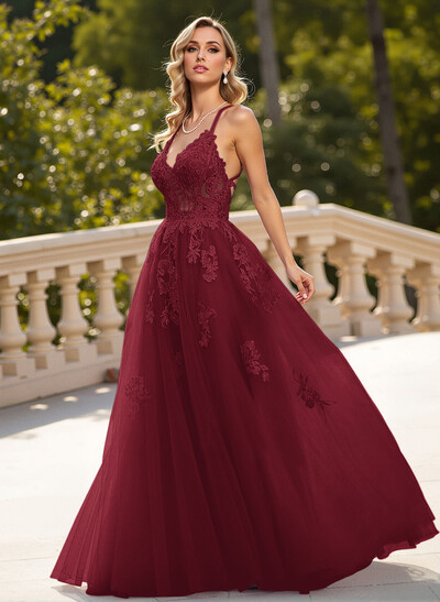Dreamy Lace V-Neck Illusion Corset A-Line Floor-Length Tulle Prom Dresses