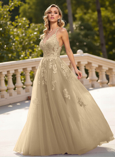 Dreamy Lace V-Neck Illusion Corset A-Line Floor-Length Tulle Prom Dresses