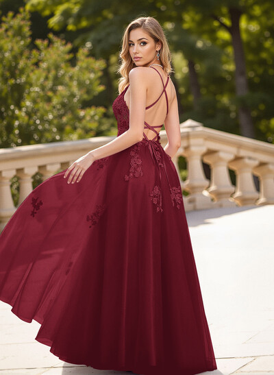 Dreamy Lace V-Neck Illusion Corset A-Line Floor-Length Tulle Prom Dresses