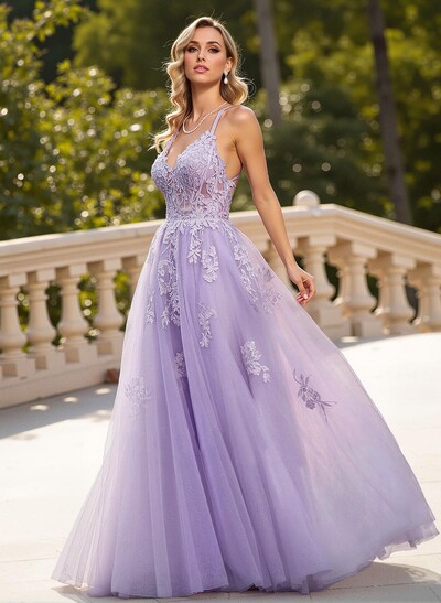 Dreamy Lace V-Neck Illusion Corset A-Line Floor-Length Tulle Prom Dresses
