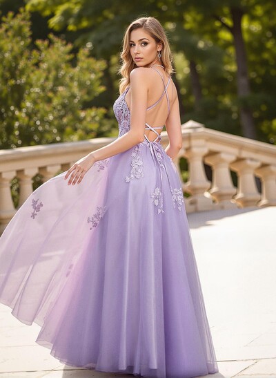 Dreamy Lace V-Neck Illusion Corset A-Line Floor-Length Tulle Prom Dresses