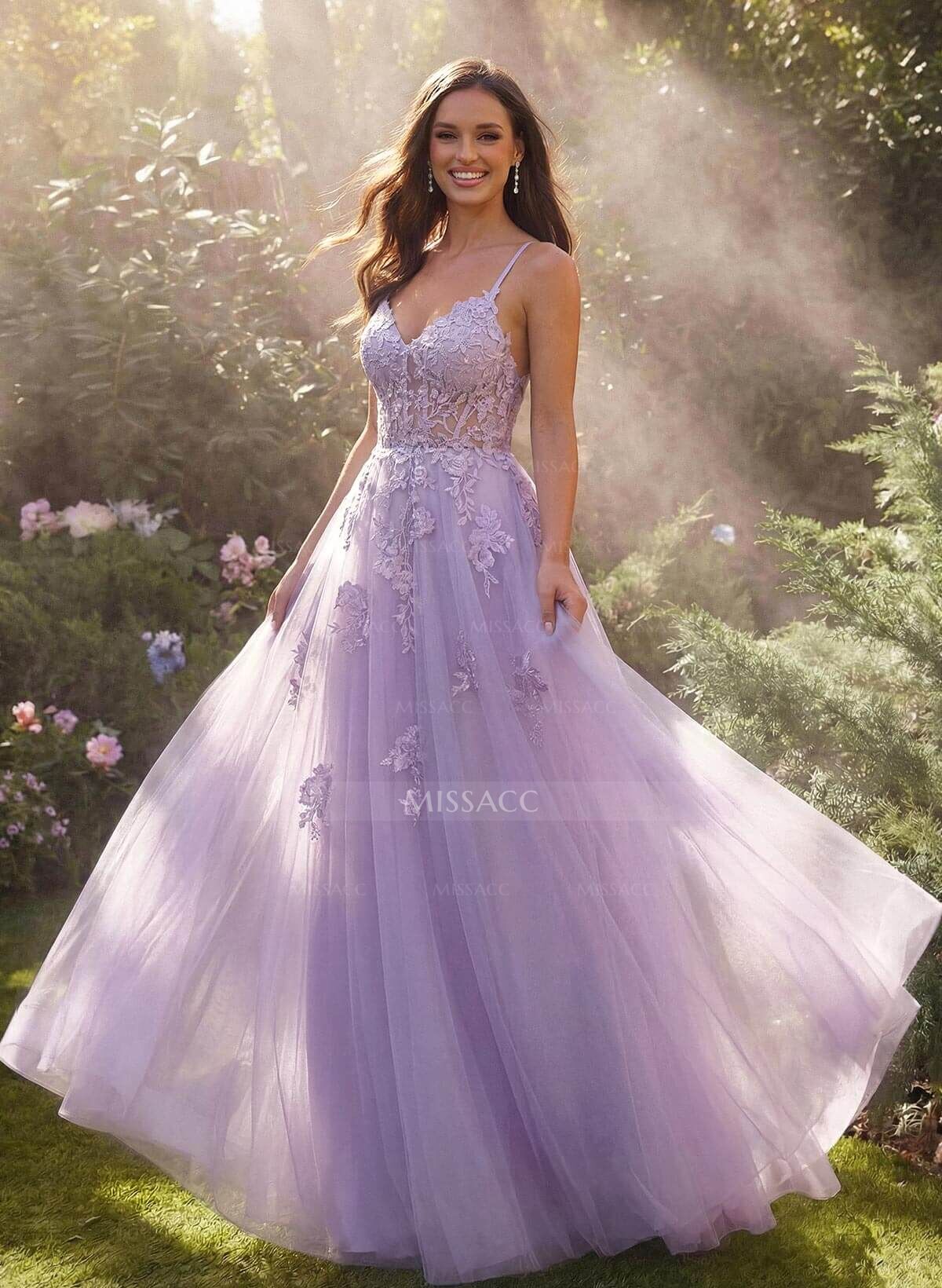 Dreamy Lace V-Neck Illusion Corset A-Line Floor-Length Tulle Prom Dresses