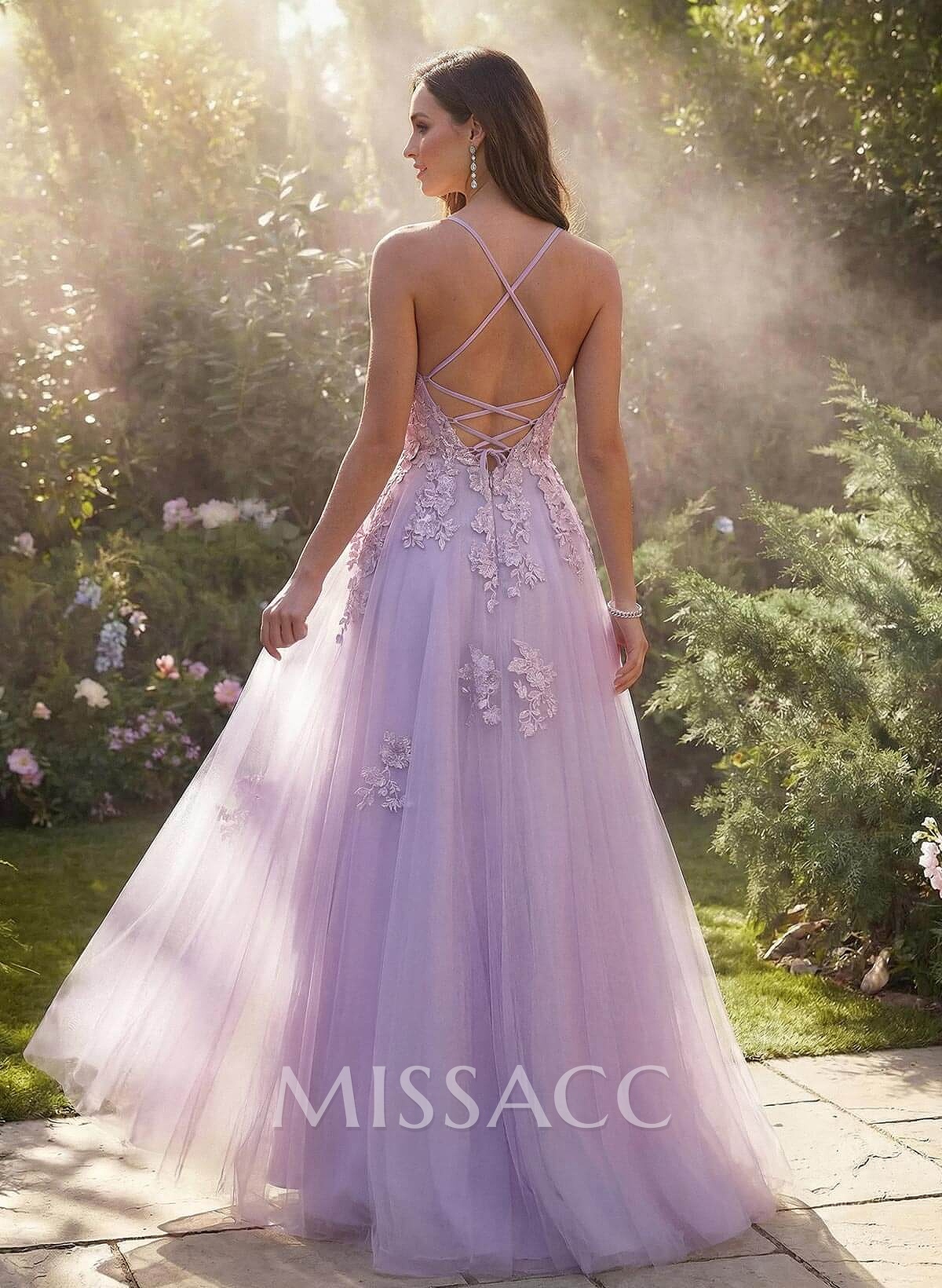 Dreamy Lace V-Neck Illusion Corset A-Line Floor-Length Tulle Prom Dresses Dreamy Lace V-Neck Illusion Corset A-Line Floor-Length Tulle Prom Dresses