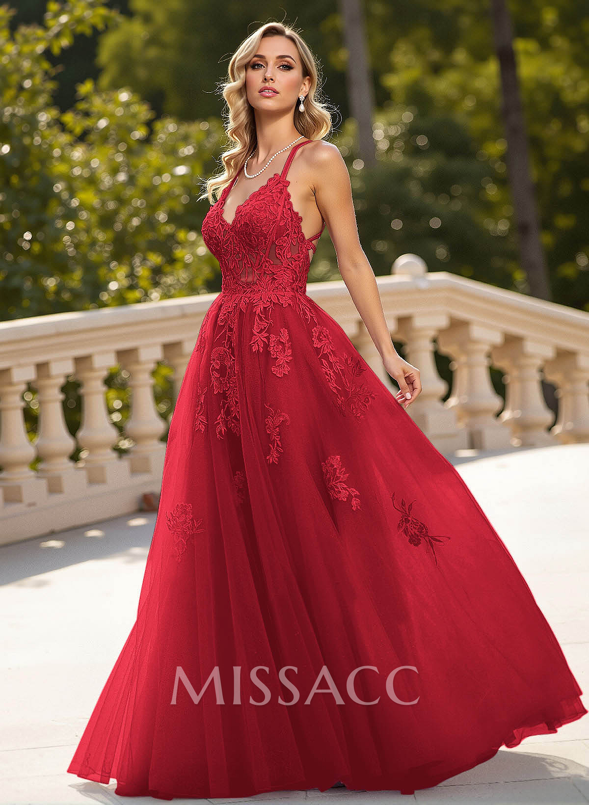Dreamy Lace V-Neck Illusion Corset A-Line Floor-Length Tulle Prom Dresses