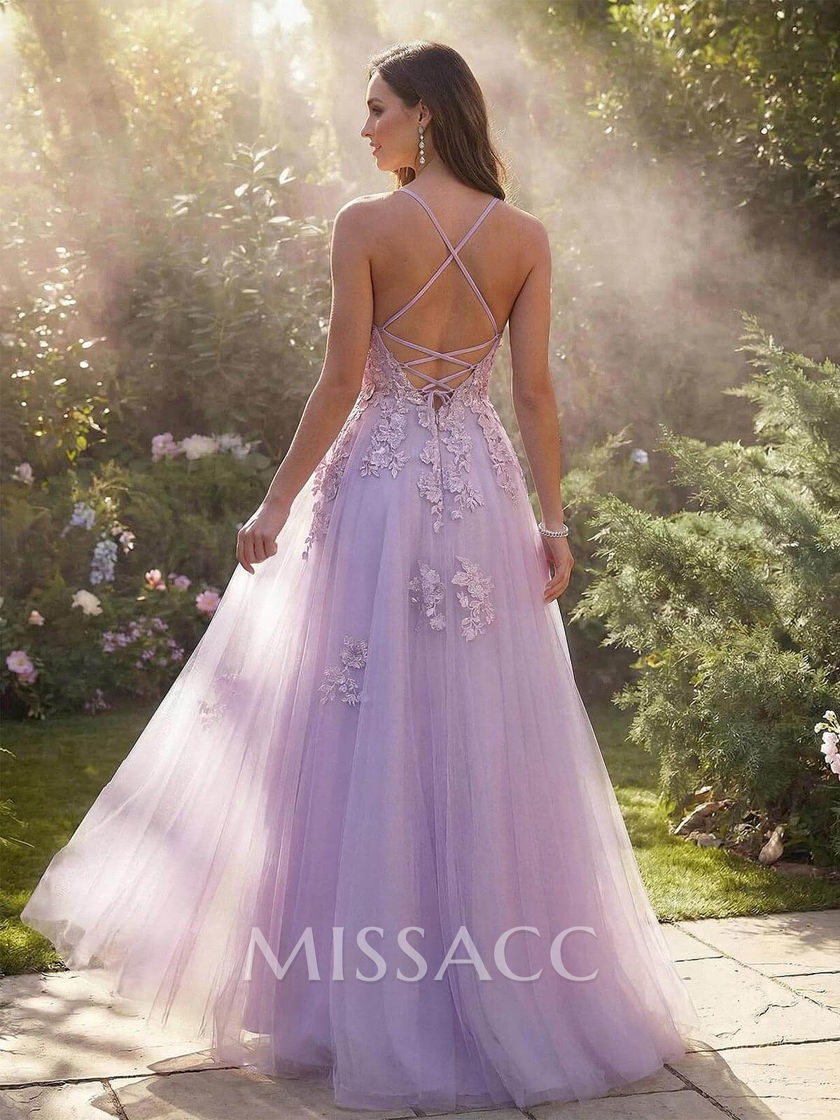 Dreamy Lace V-Neck Illusion Corset A-Line Floor-Length Tulle Prom Dresses