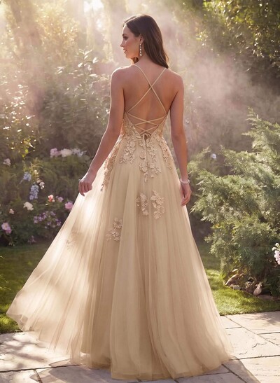 Dreamy Lace V-Neck Illusion Corset A-Line Floor-Length Tulle Prom Dresses