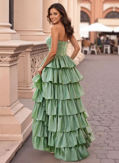 A-Line Strapless Sleeveless Floor-Length Taffeta Prom Dresses With High Split