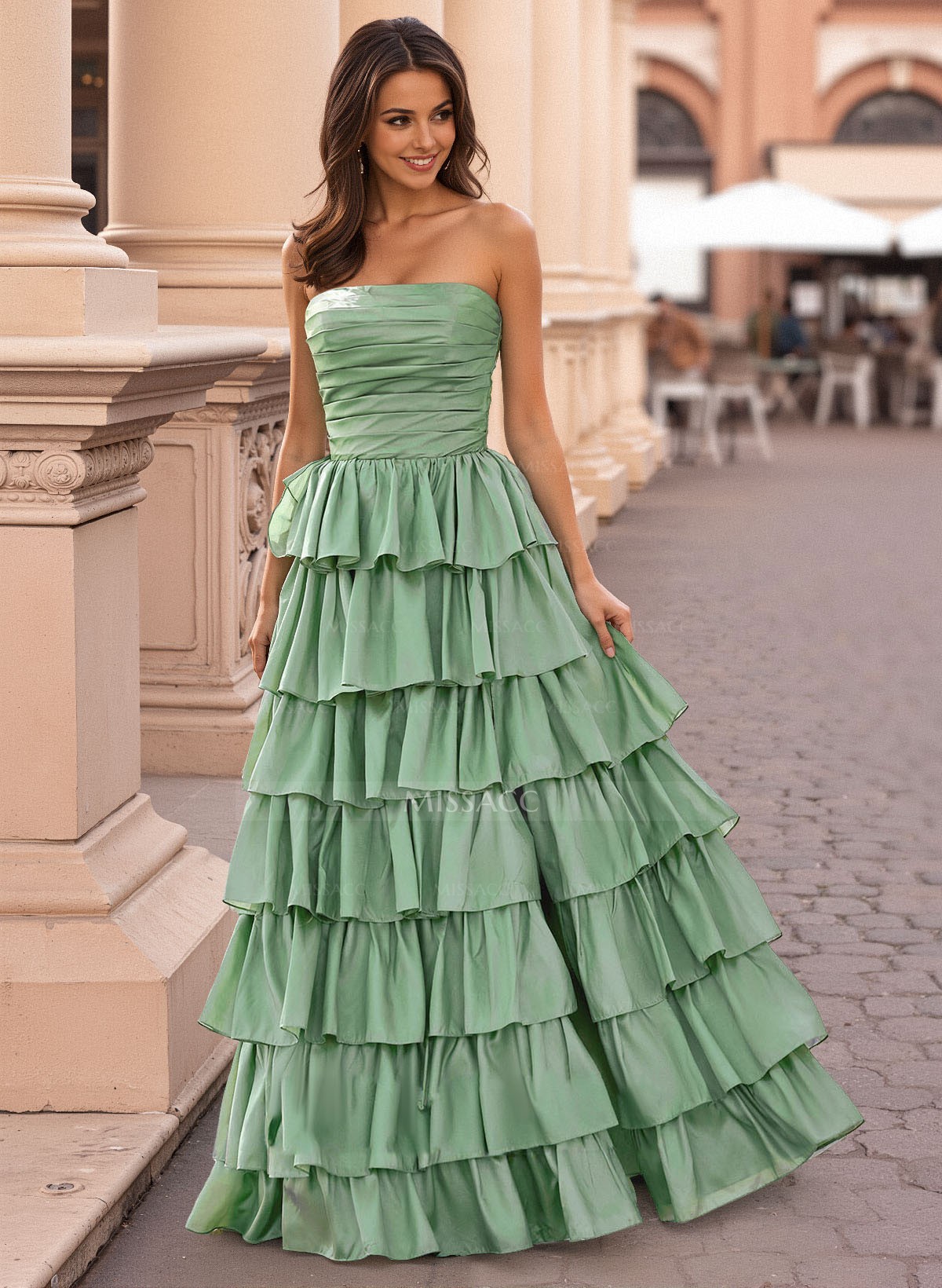 A-Line Strapless Sleeveless Floor-Length Taffeta Prom Dresses With High Split