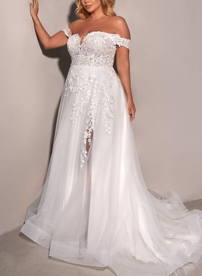 Exquisite A-Line Off-The-Shoulder Lace Tulle Wedding Desses With Lace Applique