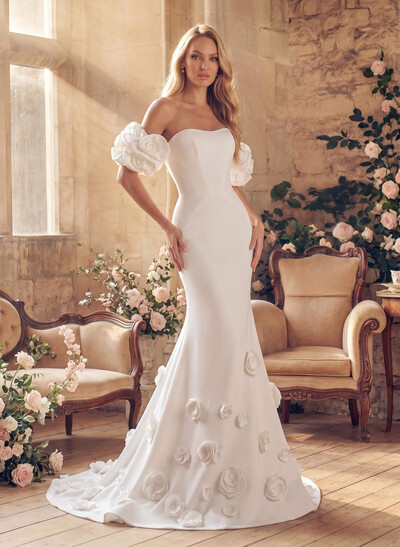 Vintage Boho Trumpet Puffy Off-Shoulder Elastic Satin Wedding Dresses With Flower(s)