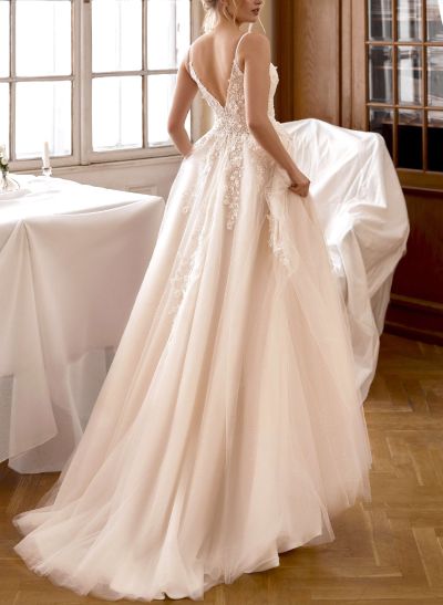 Free-Spirited A-Line V-Neck Floral Lace Tulle Wedding Dresses With High Split