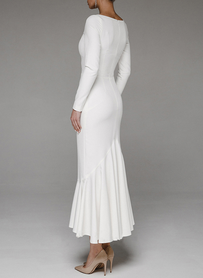 Flattering Square Neckline Long Sleeves Mermaid Elastic Satin Wedding Dresses