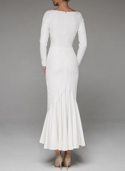 Flattering Square Neckline Long Sleeves Mermaid Elastic Satin Wedding Dresses