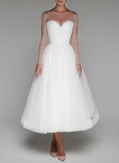 Elegant Beading Illusion Neck Long Sleeves A-Line Tea-Length Tulle Wedding Dresses