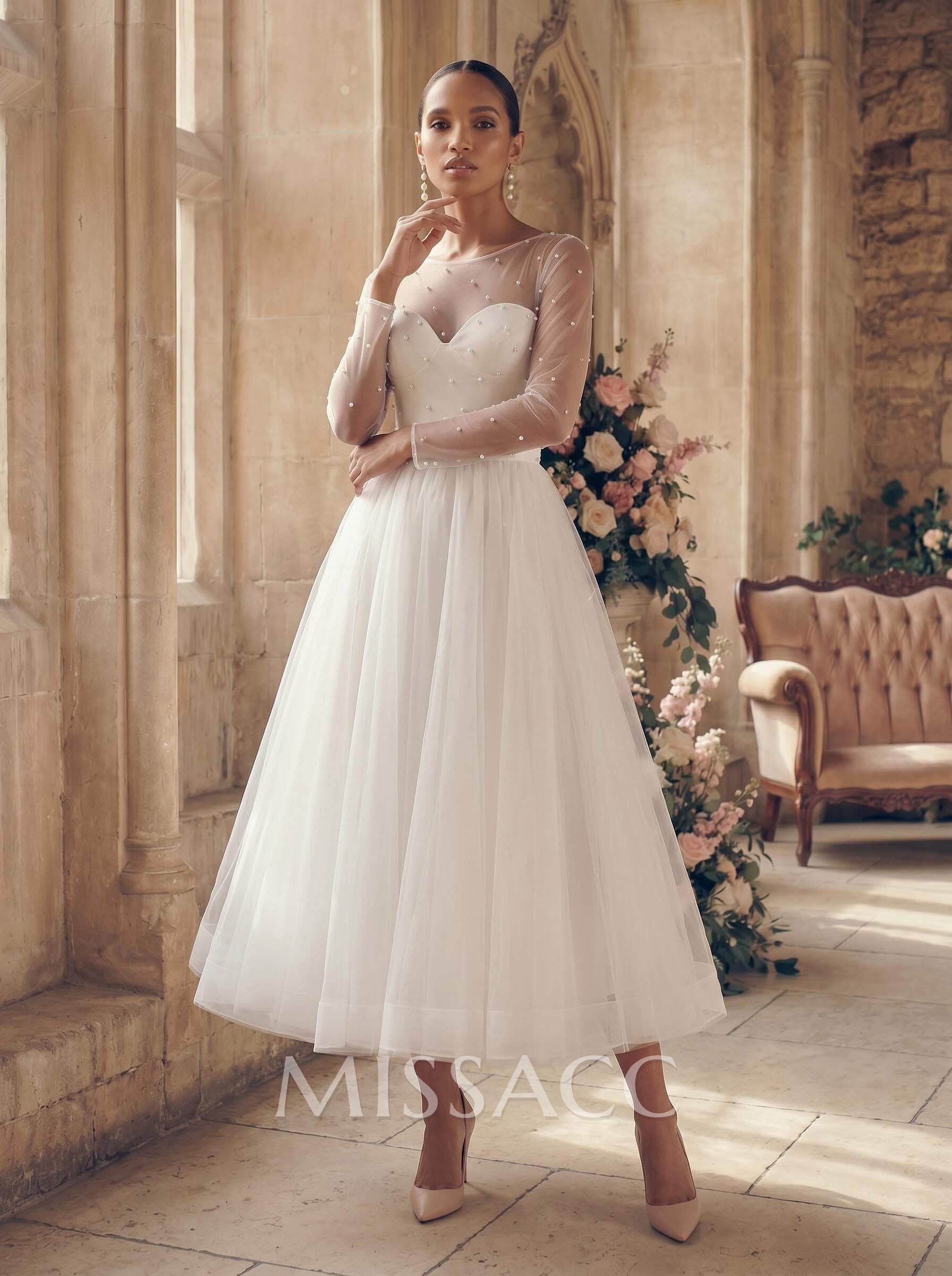 Elegant Beading Illusion Neck Long Sleeves A-Line Tea-Length Tulle Wedding Dresses Elegant Beading Illusion Neck Long Sleeves A-Line Tea-Length Tulle Wedding Dresses
