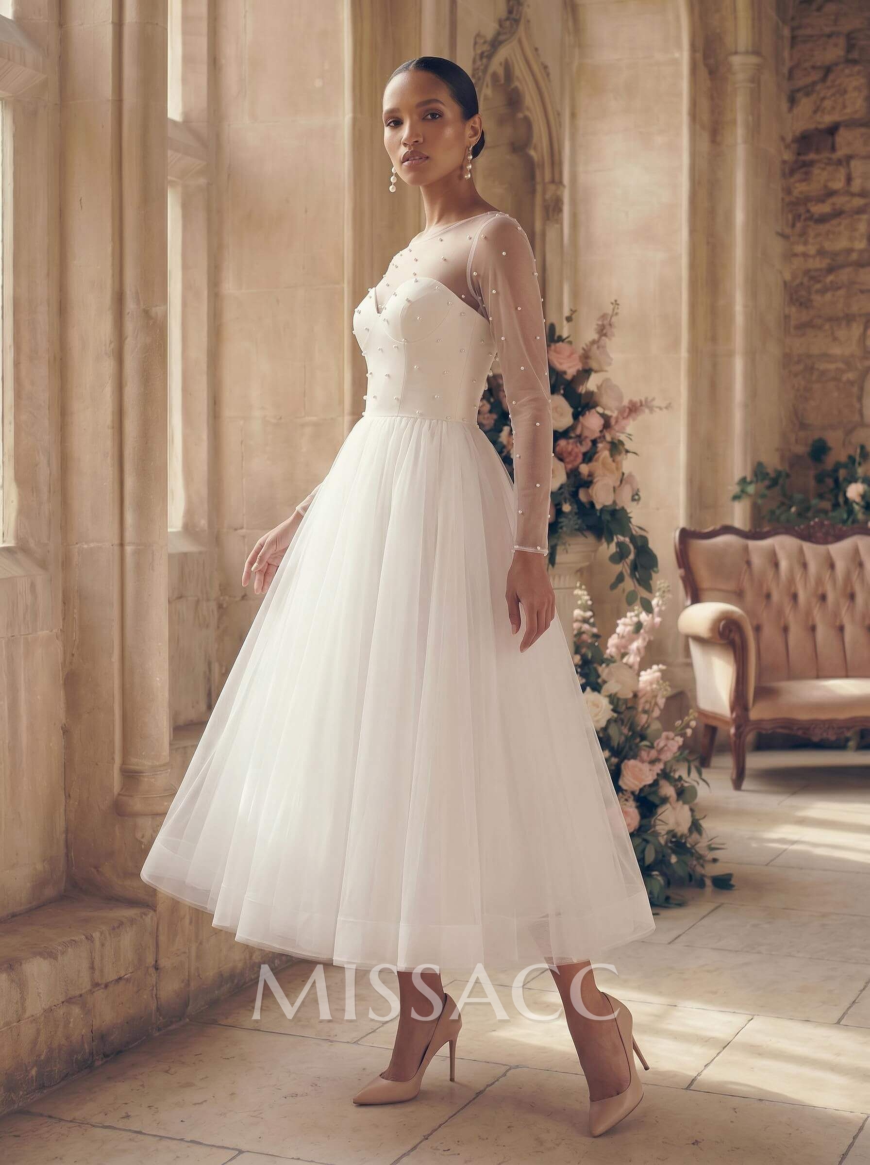 Elegant Beading Illusion Neck Long Sleeves A-Line Tea-Length Tulle Wedding Dresses Elegant Beading Illusion Neck Long Sleeves A-Line Tea-Length Tulle Wedding Dresses