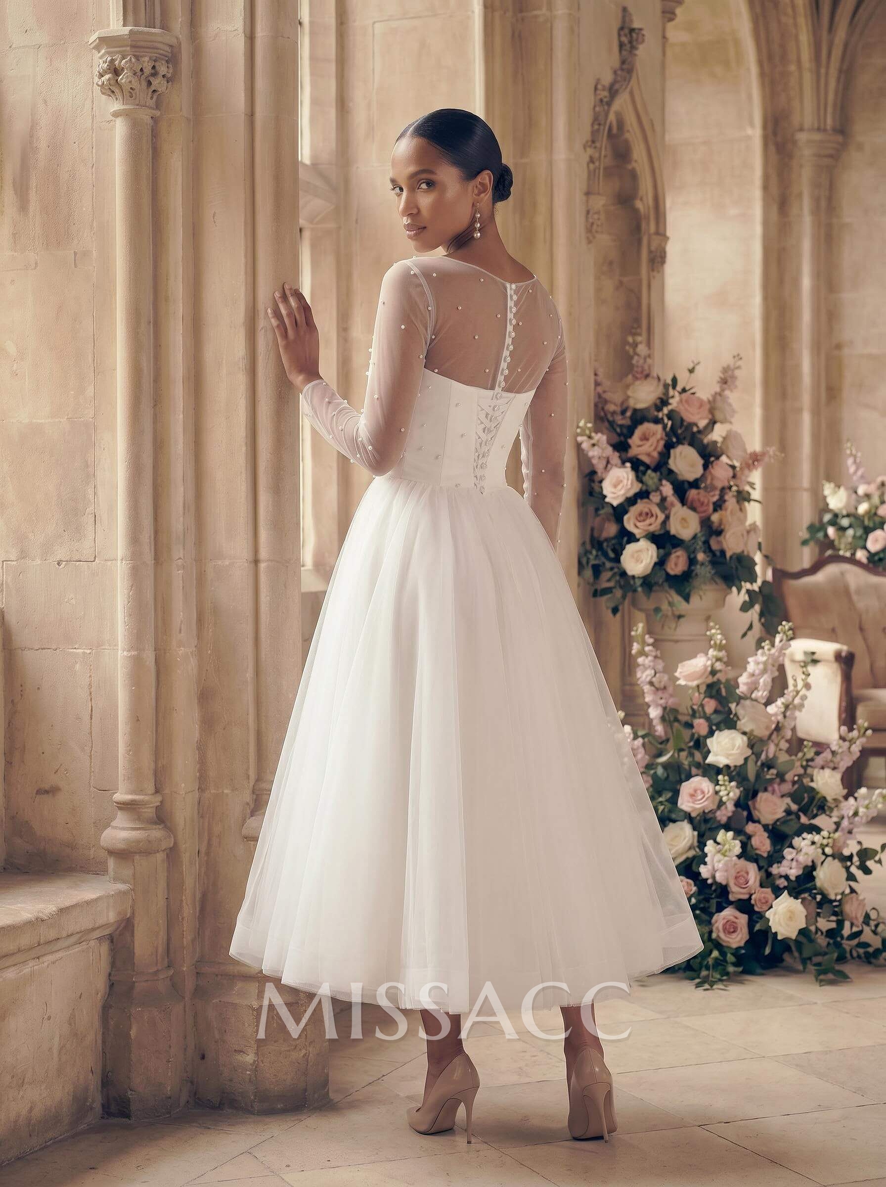 Elegant Beading Illusion Neck Long Sleeves A-Line Tea-Length Tulle Wedding Dresses Elegant Beading Illusion Neck Long Sleeves A-Line Tea-Length Tulle Wedding Dresses
