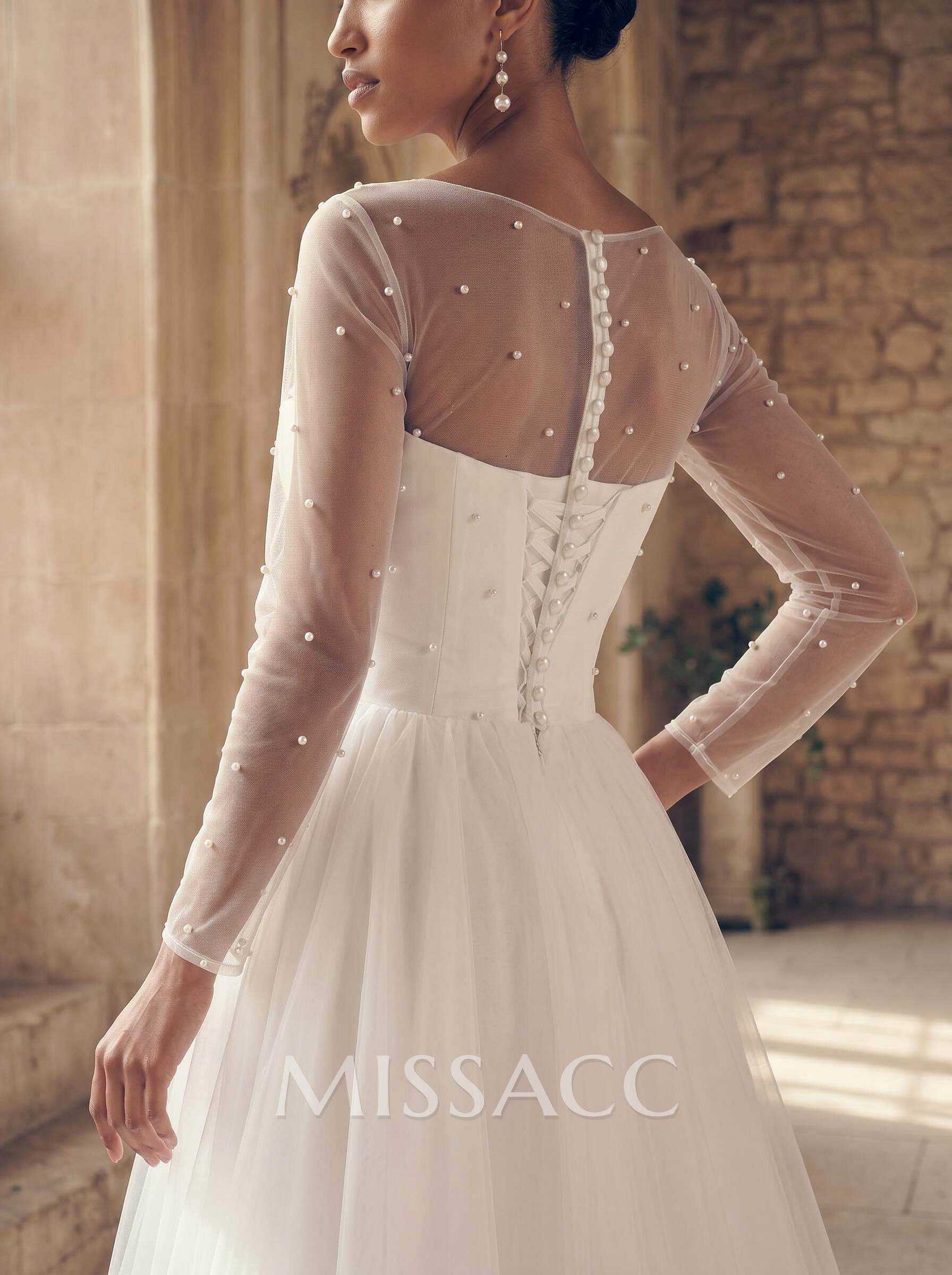 Elegant Beading Illusion Neck Long Sleeves A-Line Tea-Length Tulle Wedding Dresses Elegant Beading Illusion Neck Long Sleeves A-Line Tea-Length Tulle Wedding Dresses