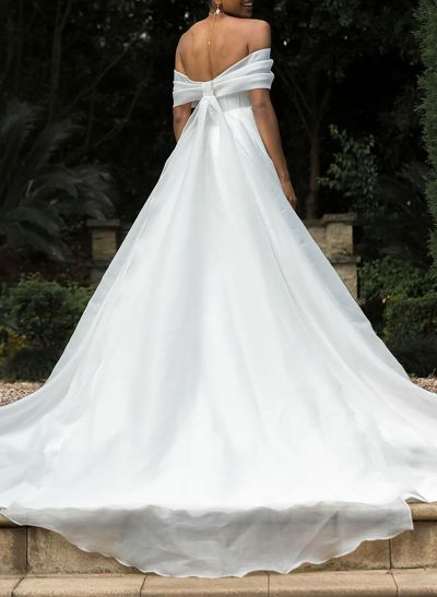 Classic Bow(s) Off-The-Shoulder High Split Sweep Train Satin Wedding Dresses