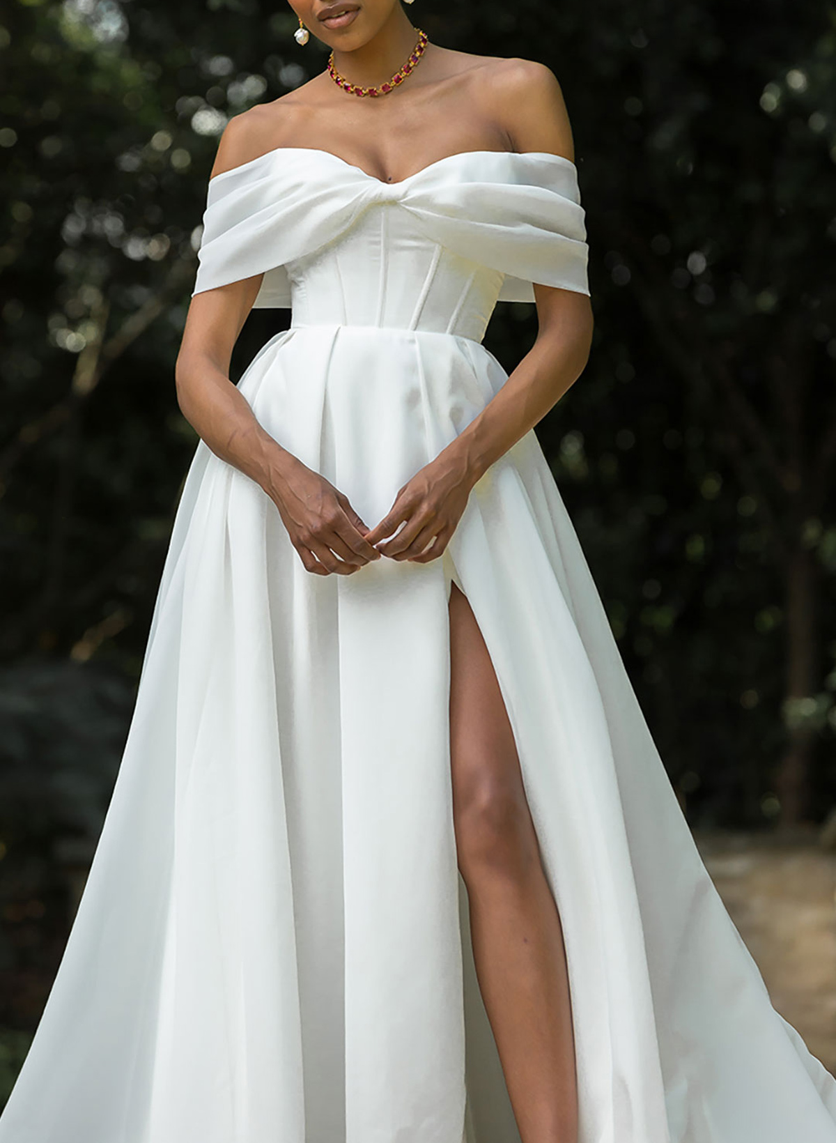 Classic Bow(s) Off-The-Shoulder High Split Sweep Train Satin Wedding Dresses