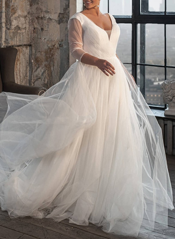 Classic V-Neck 3/4 Sleeves A-Line Sweep Train Tulle Wedding Dresses