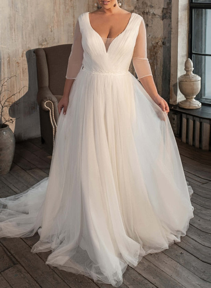 Classic V-Neck 3/4 Sleeves A-Line Sweep Train Tulle Wedding Dresses