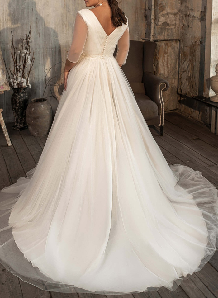 Classic V-Neck 3/4 Sleeves A-Line Sweep Train Tulle Wedding Dresses