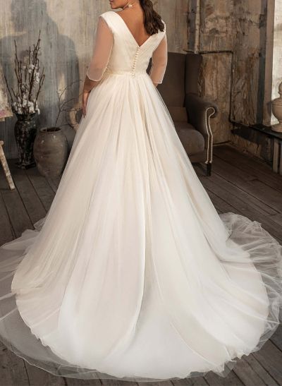 Classic V-Neck 3/4 Sleeves A-Line Sweep Train Tulle Wedding Dresses