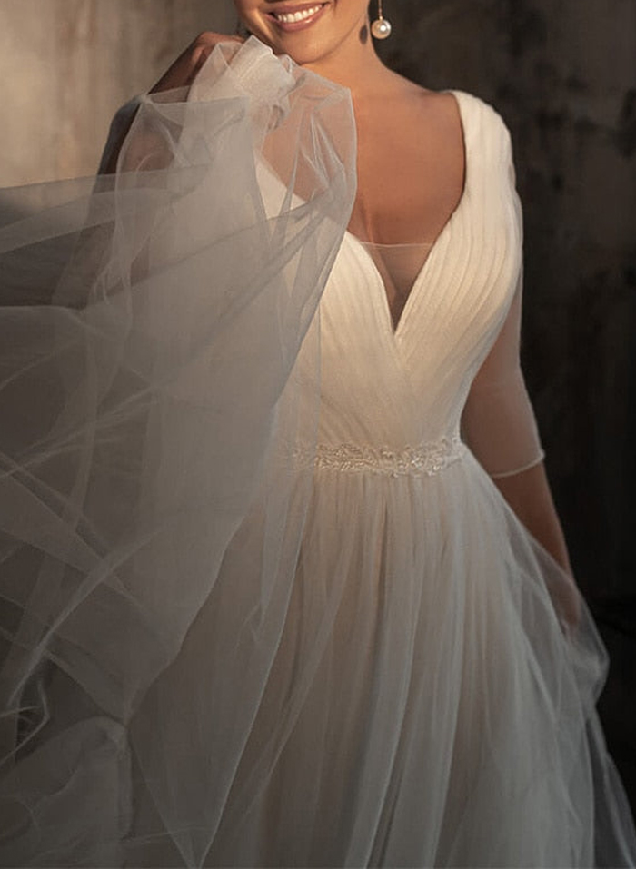 Classic V-Neck 3/4 Sleeves A-Line Sweep Train Tulle Wedding Dresses