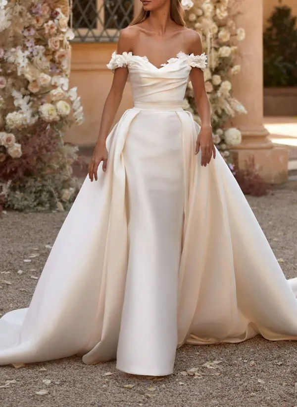 Missacc Ivory Bride Unique Flower(s) Off-The-Shoulder Mermaid Detachable Train Satin Wedding Dresses