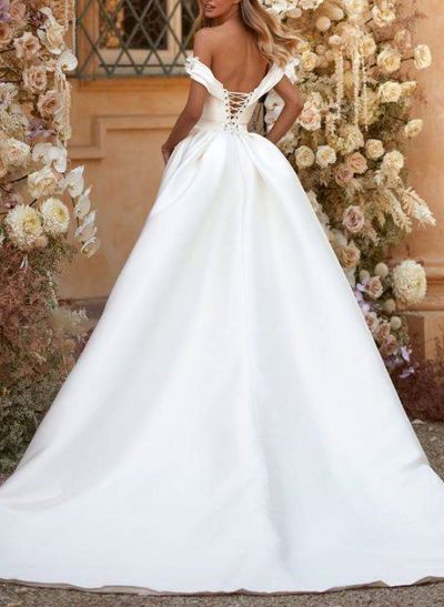 Unique Flower(s) Off-The-Shoulder Mermaid Detachable Train Satin Wedding Dresses