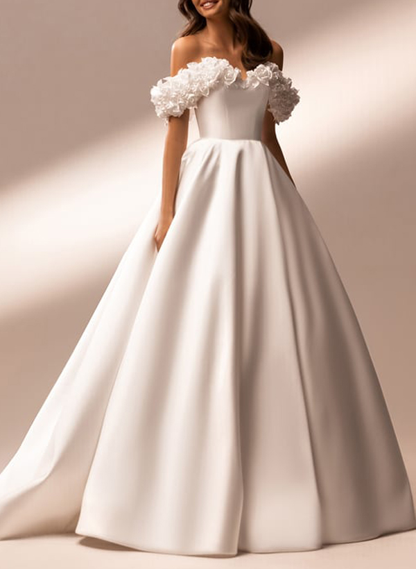 Elegant Flower(s) Off-The-Shoulder A-Line Sweep Train Satin Wedding Dresses