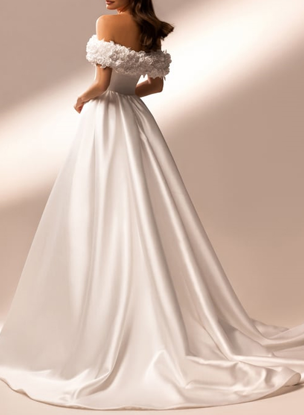 Elegant Flower(s) Off-The-Shoulder A-Line Sweep Train Satin Wedding Dresses