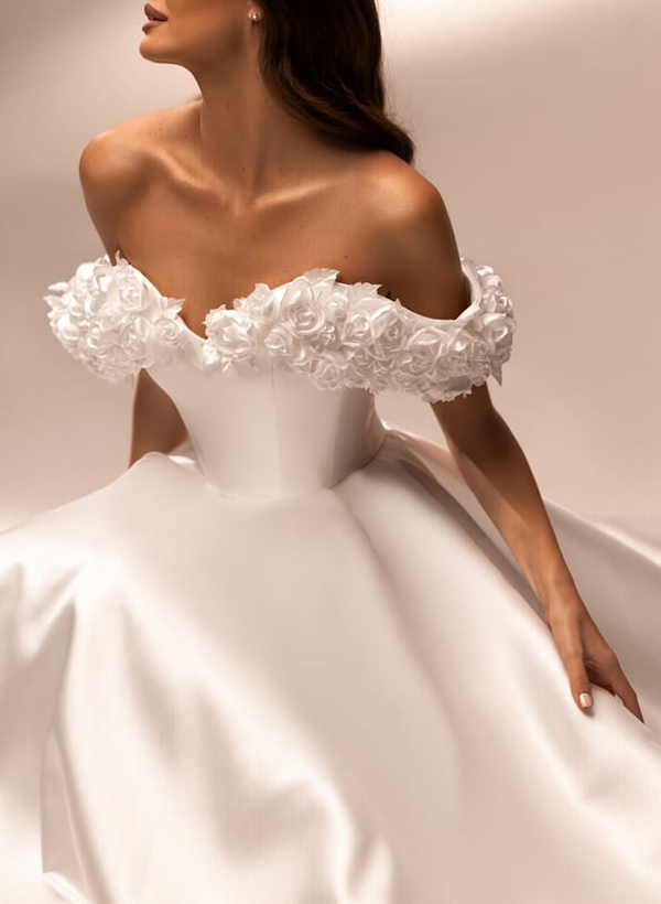 Elegant Flower(s) Off-The-Shoulder A-Line Sweep Train Satin Wedding Dresses