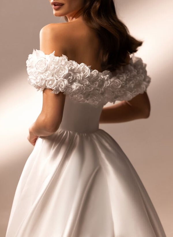 Elegant Flower(s) Off-The-Shoulder A-Line Sweep Train Satin Wedding Dresses