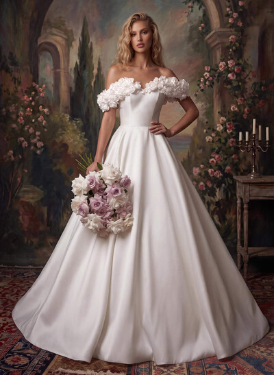 Elegant Flower(s) Off-The-Shoulder A-Line Sweep Train Satin Wedding Dresses