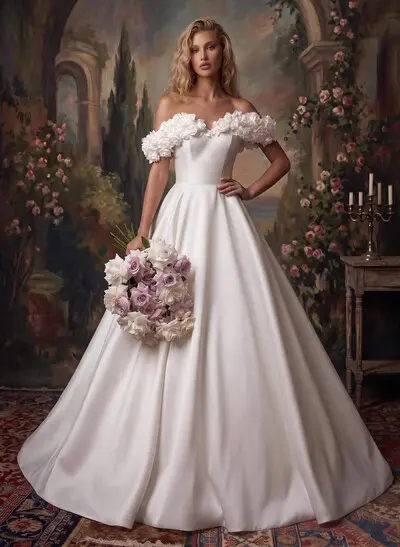 Elegant Flower(s) Off-The-Shoulder A-Line Sweep Train Satin Wedding Dresses