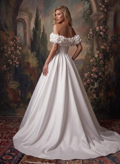 Elegant Flower(s) Off-The-Shoulder A-Line Sweep Train Satin Wedding Dresses