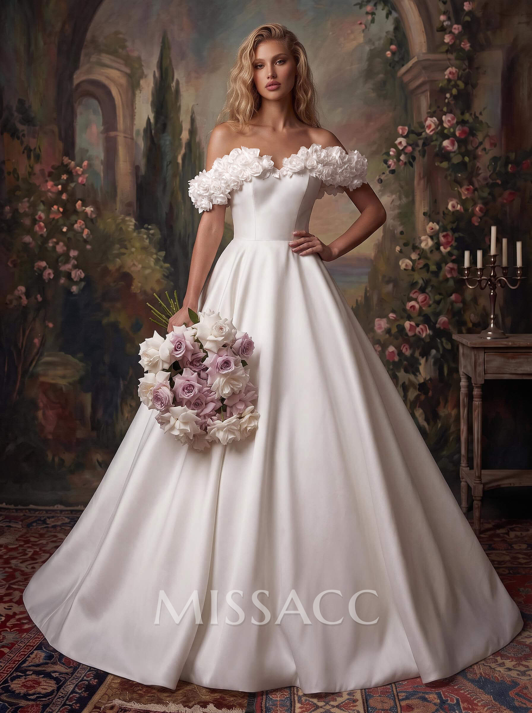 Elegant Flower(s) Off-The-Shoulder A-Line Sweep Train Satin Wedding Dresses Elegant Flower(s) Off-The-Shoulder A-Line Sweep Train Satin Wedding Dresses