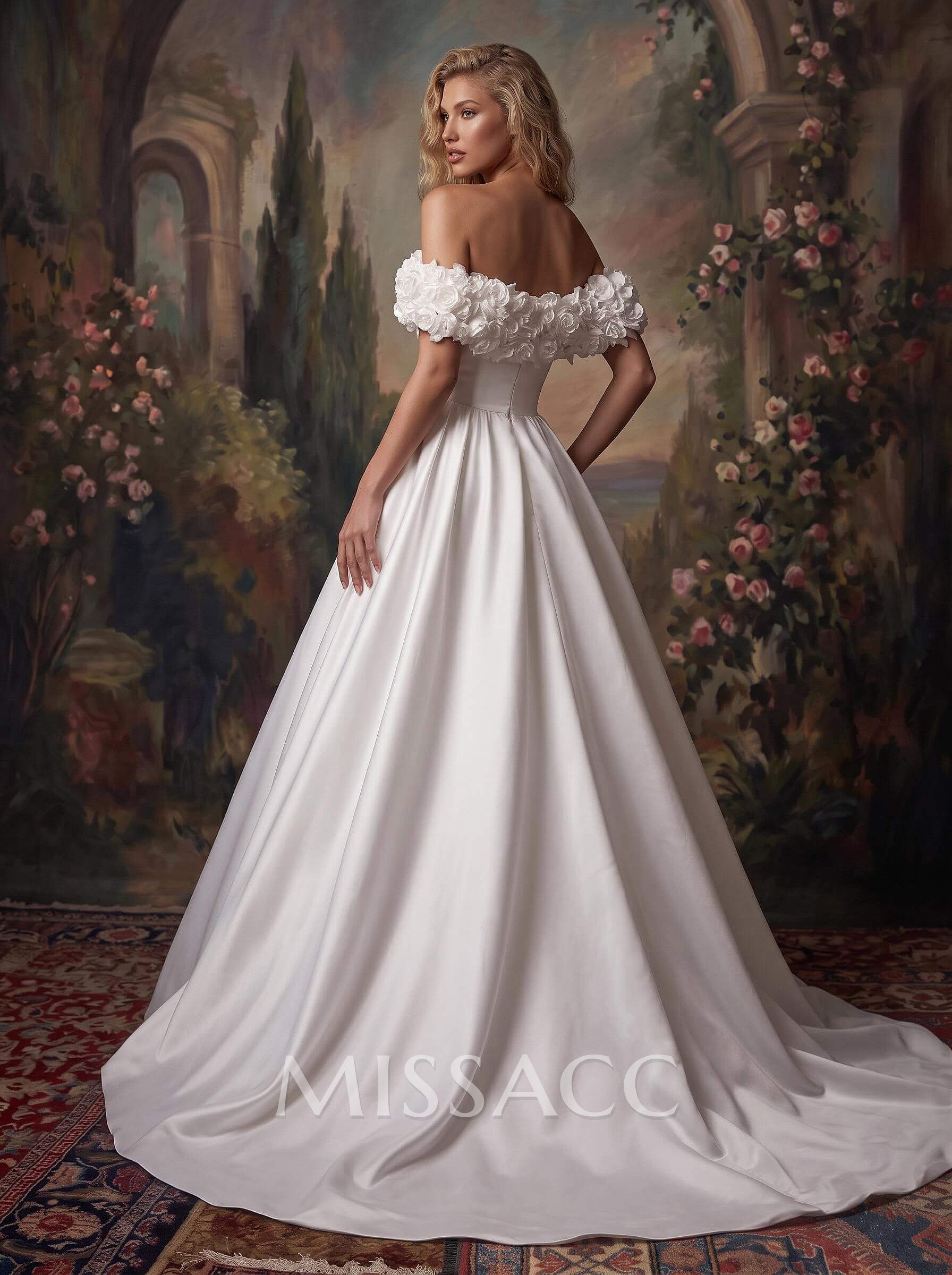 Elegant Flower(s) Off-The-Shoulder A-Line Sweep Train Satin Wedding Dresses Elegant Flower(s) Off-The-Shoulder A-Line Sweep Train Satin Wedding Dresses