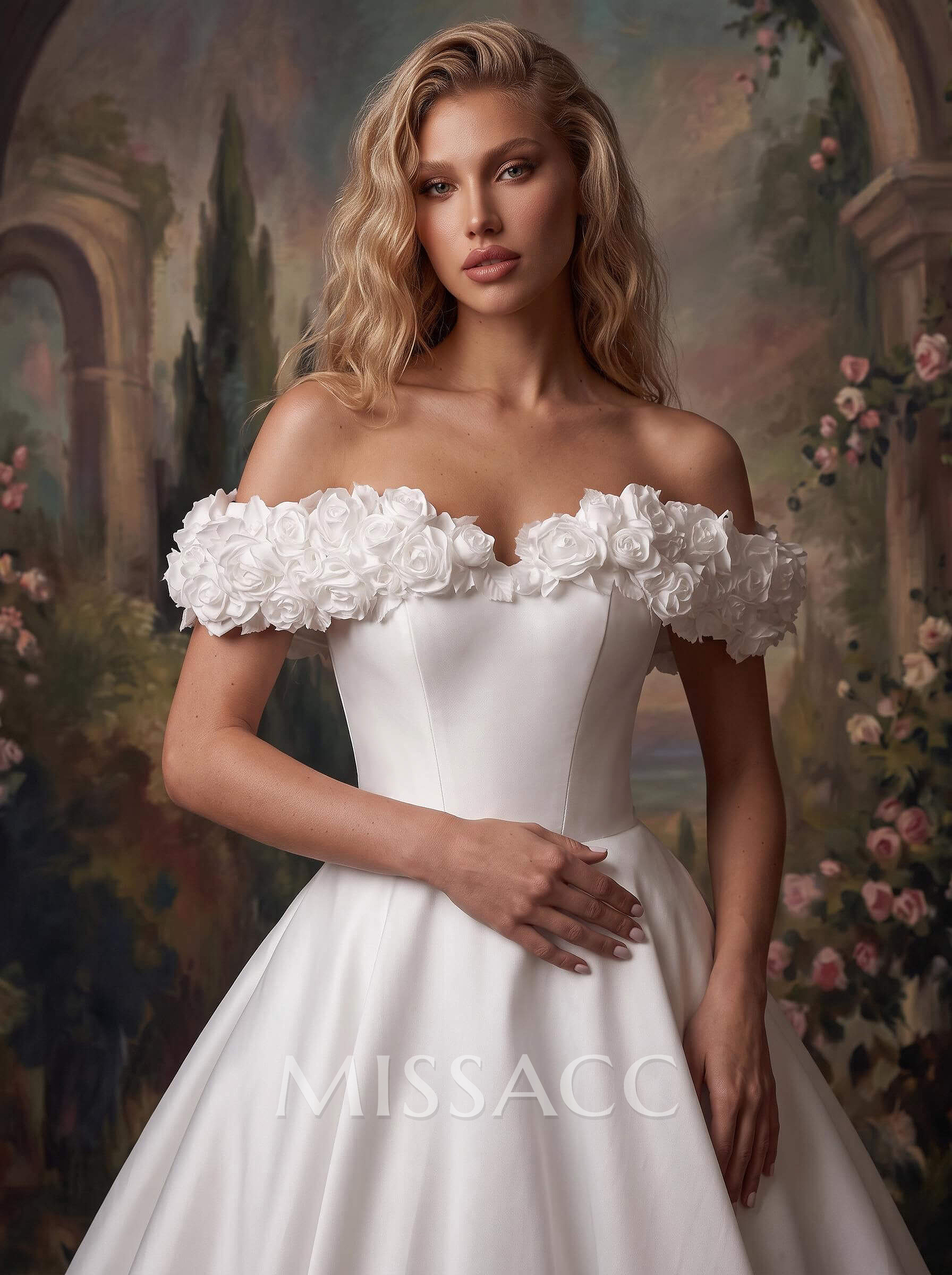 Elegant Flower(s) Off-The-Shoulder A-Line Sweep Train Satin Wedding Dresses Elegant Flower(s) Off-The-Shoulder A-Line Sweep Train Satin Wedding Dresses