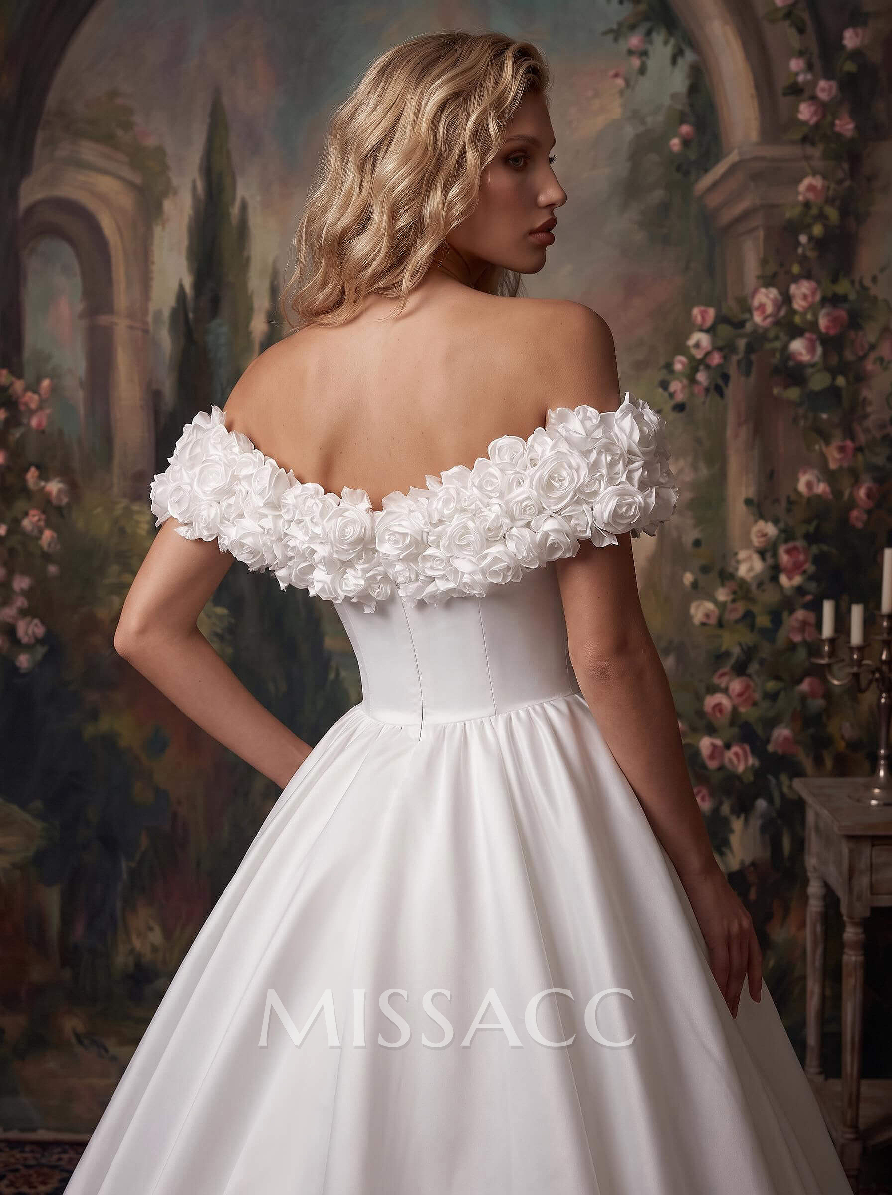 Elegant Flower(s) Off-The-Shoulder A-Line Sweep Train Satin Wedding Dresses Elegant Flower(s) Off-The-Shoulder A-Line Sweep Train Satin Wedding Dresses
